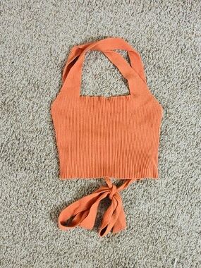 Ribbed Orange Halter Tie-Back Crop Top